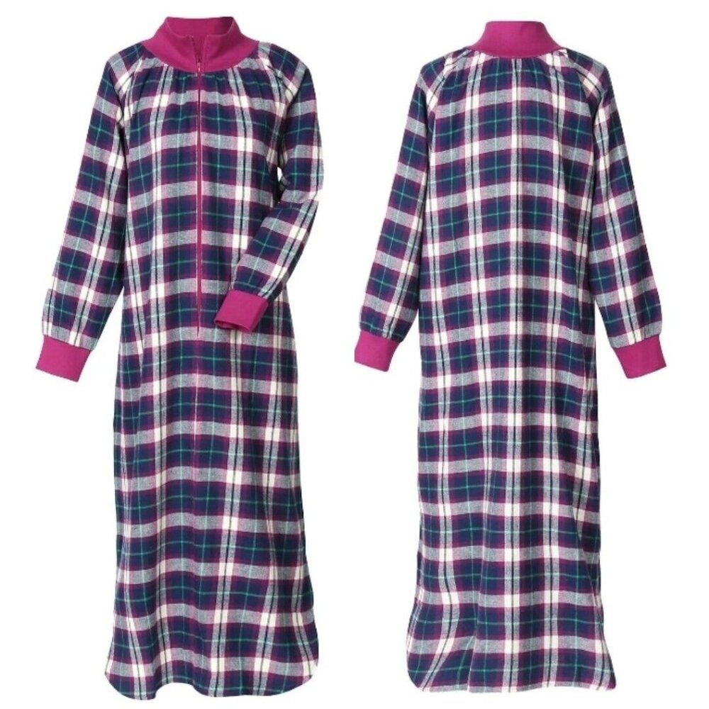 Metropolitan Nightgown Womens Pink Plaid Flannel Mock Neck Zip-Up Pullover SM